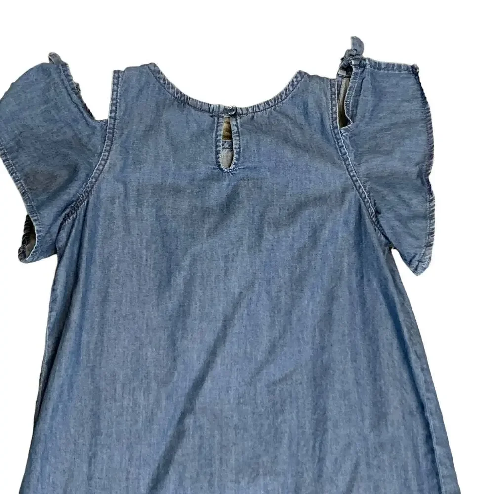 Crazy 8 Girls Chambray Denim Ruffled Aline Dress Cold Shoulder SZ 10 Cotton Blue